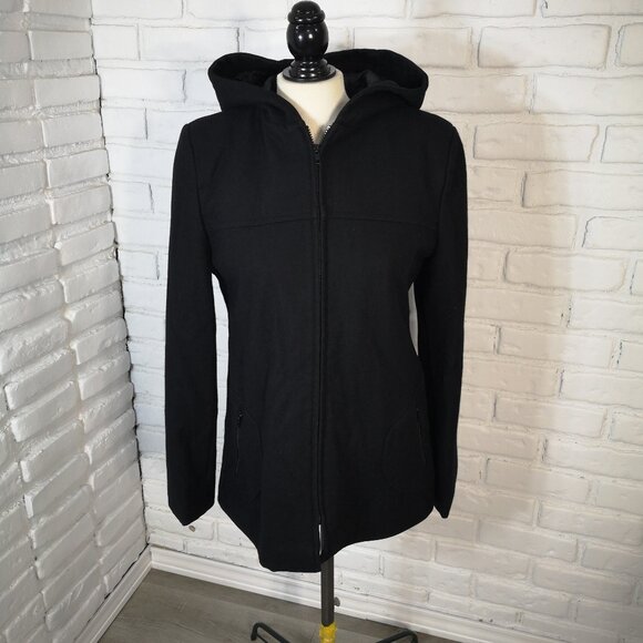 Suzy Shier Ladies Size Medium Black Wool Blend Lined Full Zip Pea Coat w/ Hood - Picture 1 of 11